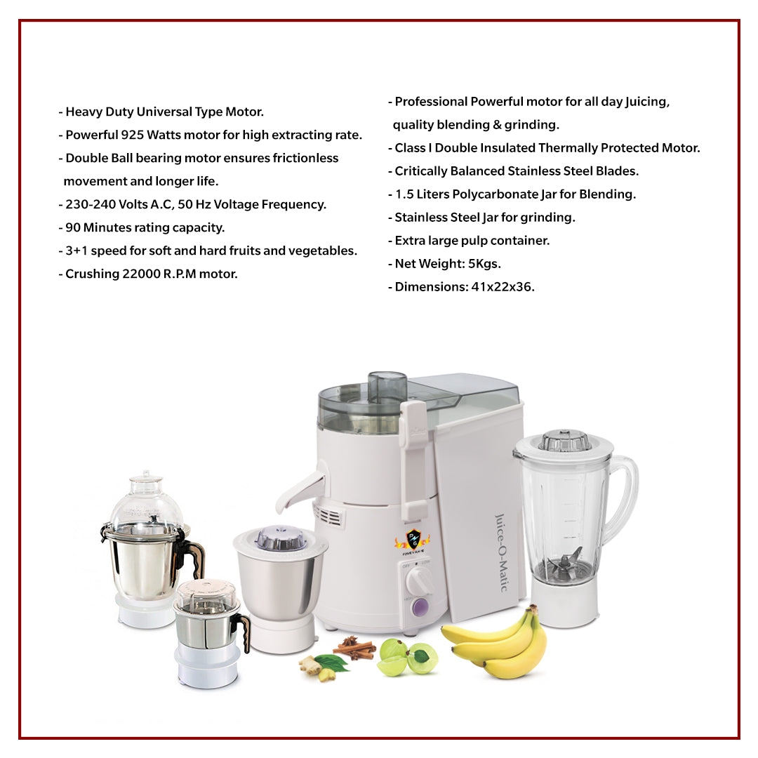 Juicer Mixer Grinder: Power Guard ALL-IN-ONE 925 Watts SM SERIES (3 Jars + 1 Plastic Poly Jar with Fruit Filter)
