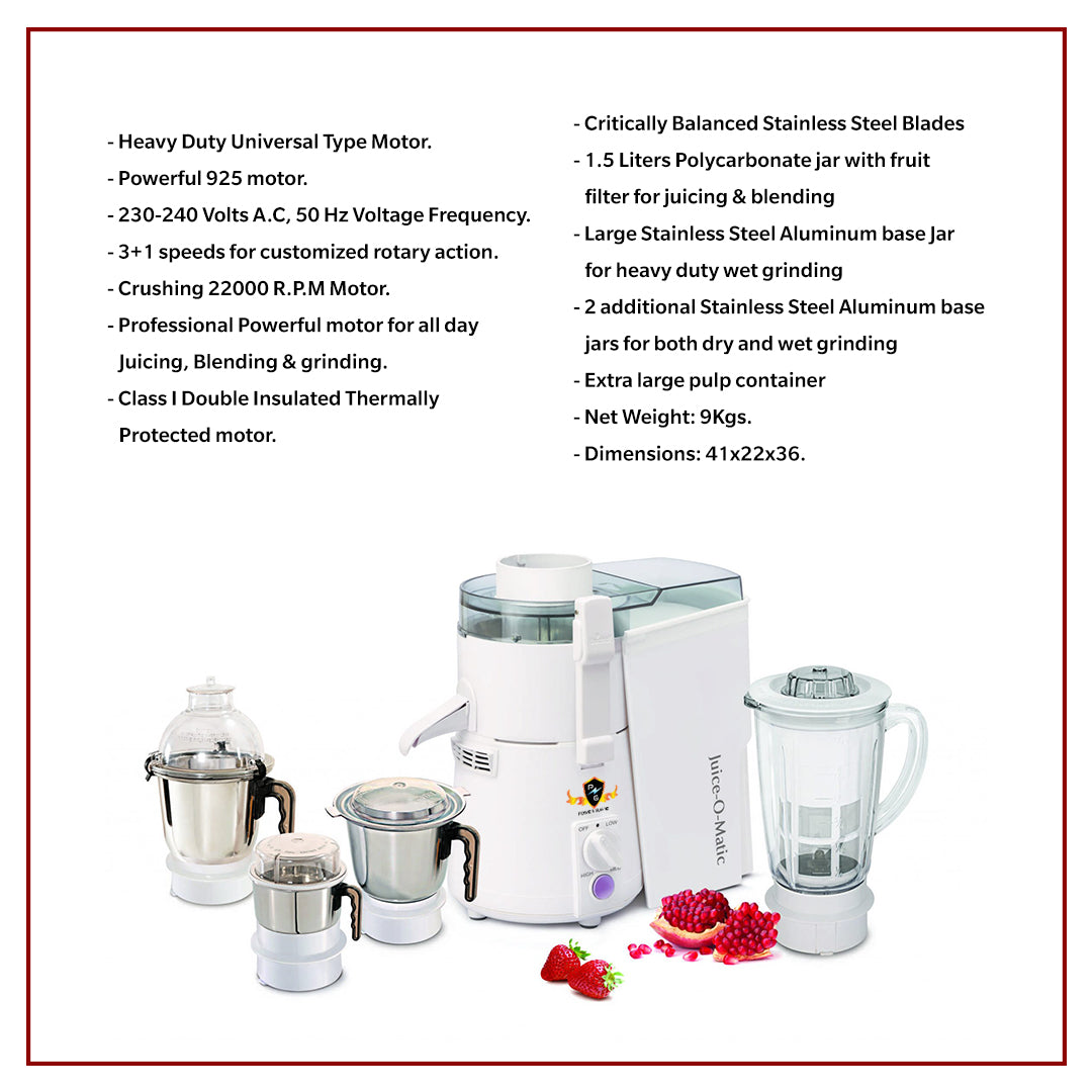 Juicer Mixer Grinder: Power Guard ALL-IN-ONE 925 Watts XL Series (3 Jars + 1 Plastic Poly Jar with Fruit Filter)